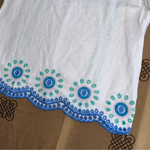TALBOTS Linen Blend Embroidered Square Neck Top In White/Blue - Picture 12 of 16